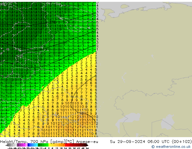 Height/Temp. 700 hPa Arpege-eu  29.09.2024 06 UTC