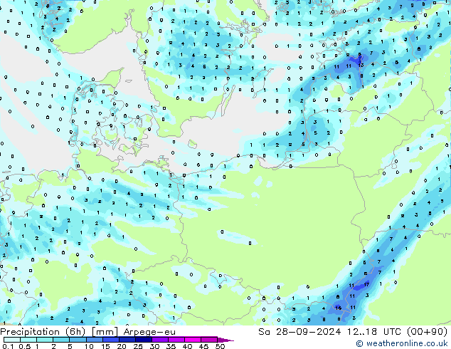 Precipitación (6h) Arpege-eu sáb 28.09.2024 18 UTC