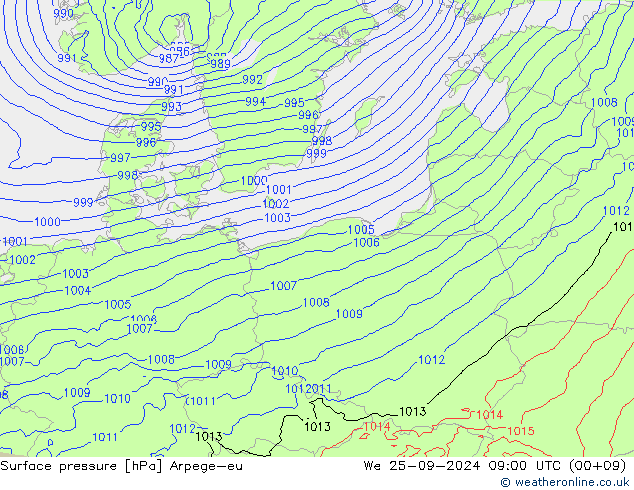 Pressione al suolo Arpege-eu mer 25.09.2024 09 UTC