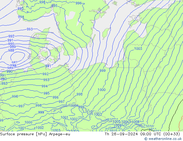 приземное давление Arpege-eu чт 26.09.2024 09 UTC