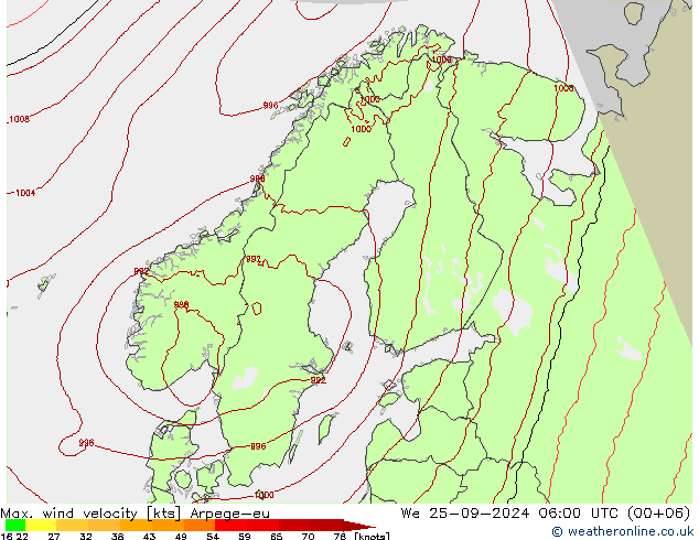 Max. wind velocity Arpege-eu śro. 25.09.2024 06 UTC