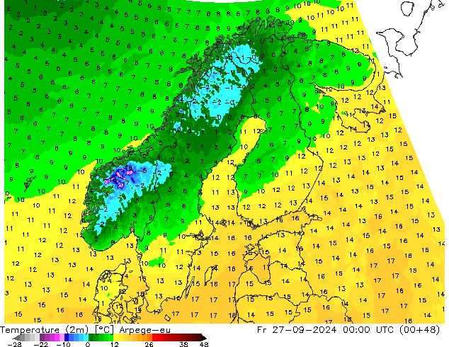 Temperaturkarte (2m) Arpege-eu Fr 27.09.2024 00 UTC