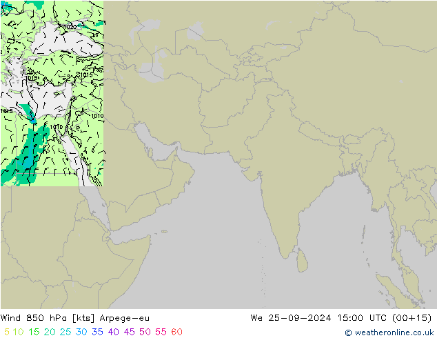 Vent 850 hPa Arpege-eu mer 25.09.2024 15 UTC