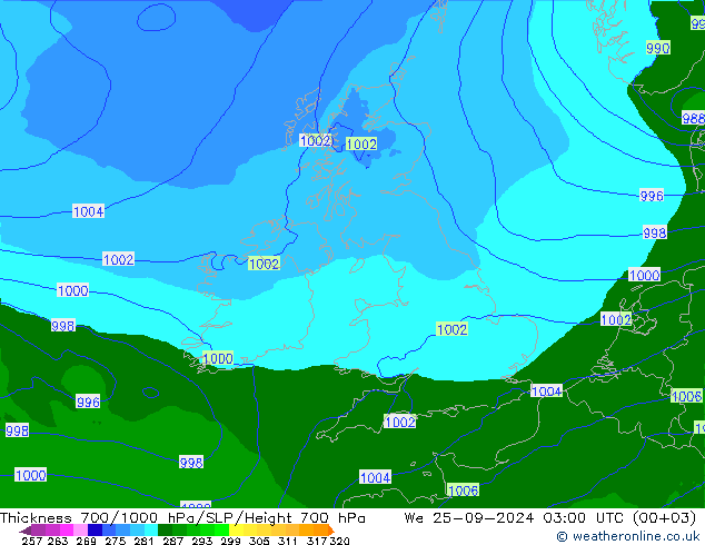 Thck 700-1000 hPa Arpege-eu We 25.09.2024 03 UTC