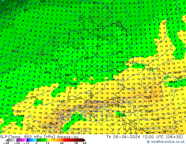 SLP/Temp. 850 hPa Arpege-eu czw. 26.09.2024 12 UTC