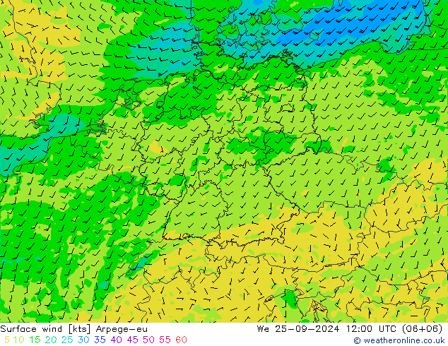 wiatr 10 m Arpege-eu śro. 25.09.2024 12 UTC