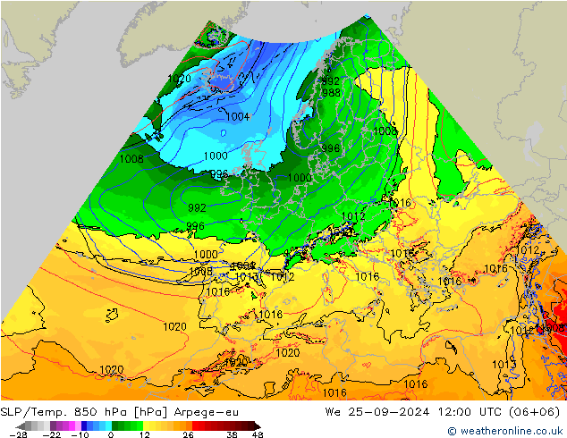 SLP/Temp. 850 hPa Arpege-eu mié 25.09.2024 12 UTC