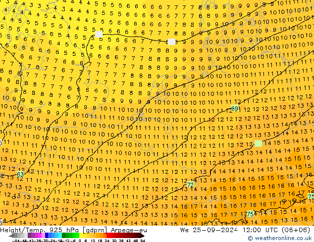 Yükseklik/Sıc. 925 hPa Arpege-eu Çar 25.09.2024 12 UTC