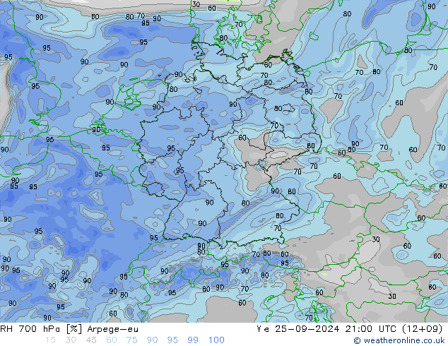 RH 700 hPa Arpege-eu We 25.09.2024 21 UTC