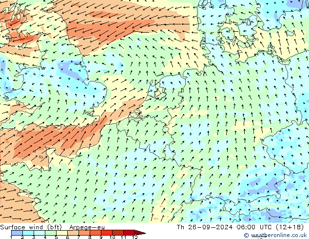 Vento 10 m (bft) Arpege-eu gio 26.09.2024 06 UTC