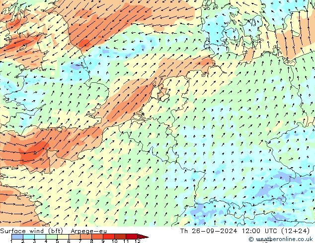 Surface wind (bft) Arpege-eu Th 26.09.2024 12 UTC