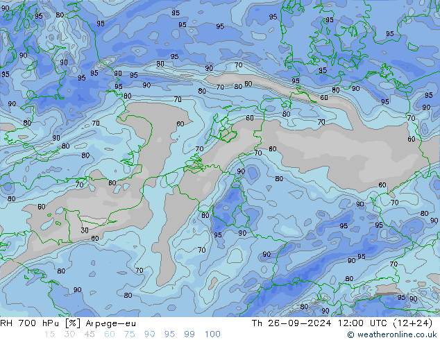 RH 700 hPa Arpege-eu czw. 26.09.2024 12 UTC