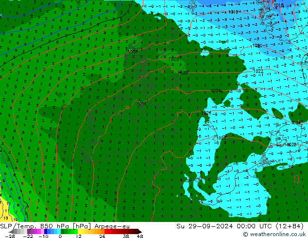 SLP/Temp. 850 hPa Arpege-eu Dom 29.09.2024 00 UTC