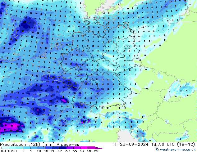 осадки (12h) Arpege-eu чт 26.09.2024 06 UTC