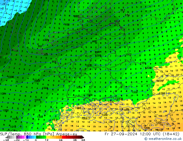 SLP/Temp. 850 hPa Arpege-eu vr 27.09.2024 12 UTC