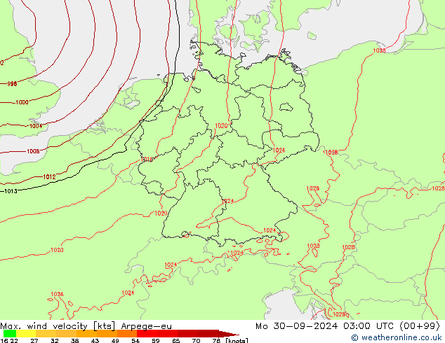 Max. wind snelheid Arpege-eu ma 30.09.2024 03 UTC