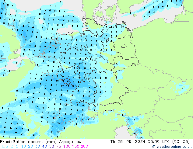 Precipitación acum. Arpege-eu jue 26.09.2024 03 UTC