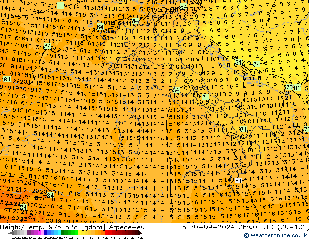 Height/Temp. 925 hPa Arpege-eu  30.09.2024 06 UTC