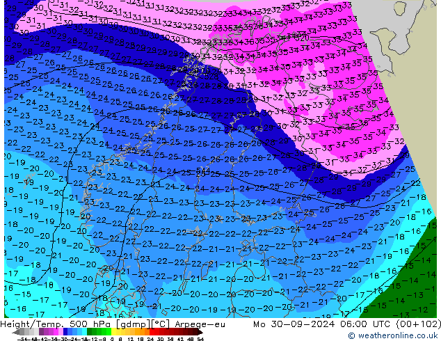 Yükseklik/Sıc. 500 hPa Arpege-eu Pzt 30.09.2024 06 UTC