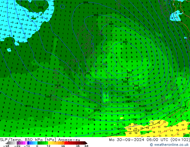 SLP/Temp. 850 hPa Arpege-eu Mo 30.09.2024 06 UTC