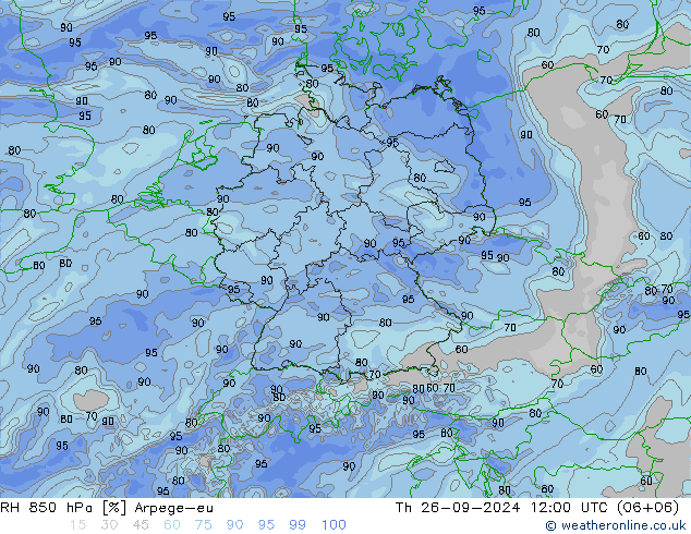 RH 850 hPa Arpege-eu gio 26.09.2024 12 UTC