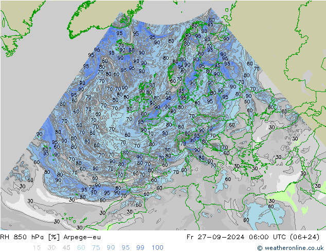 RH 850 hPa Arpege-eu ven 27.09.2024 06 UTC