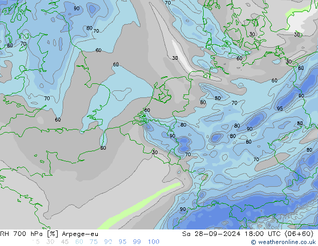 Humidité rel. 700 hPa Arpege-eu sam 28.09.2024 18 UTC