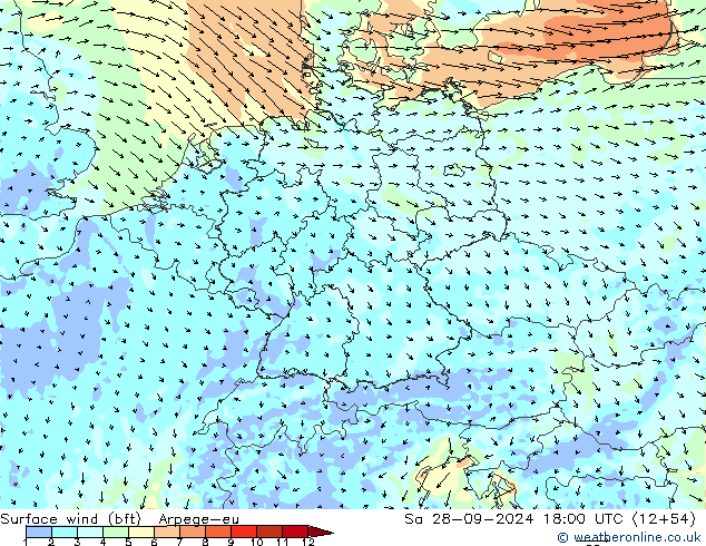 Surface wind (bft) Arpege-eu Sa 28.09.2024 18 UTC