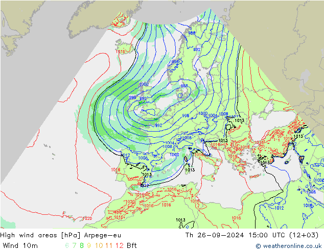 High wind areas Arpege-eu jue 26.09.2024 15 UTC