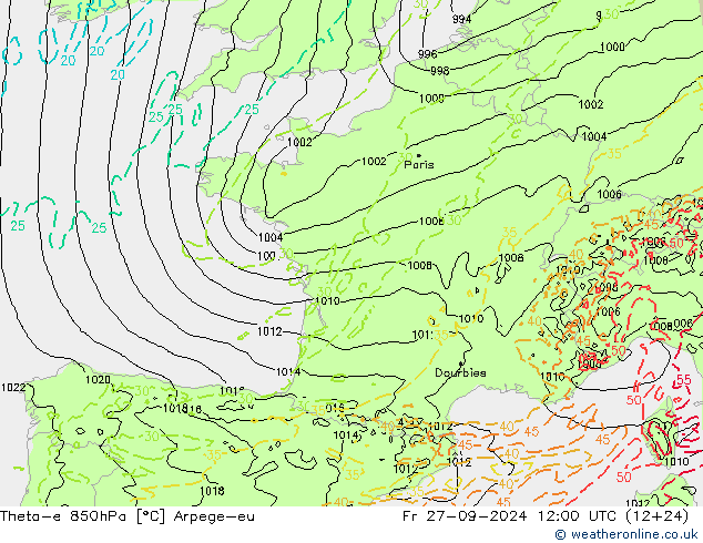 Theta-e 850hPa Arpege-eu Fr 27.09.2024 12 UTC