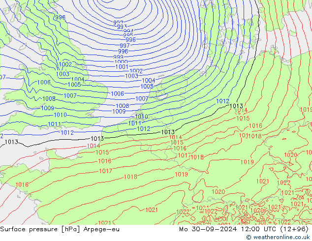 Surface pressure Arpege-eu Mo 30.09.2024 12 UTC