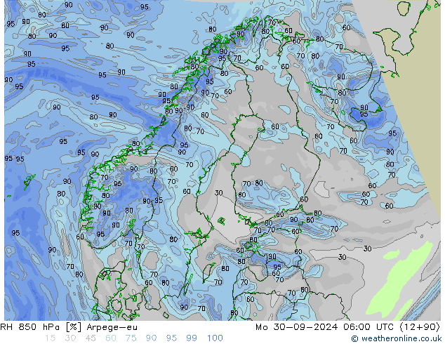 RH 850 hPa Arpege-eu Mo 30.09.2024 06 UTC