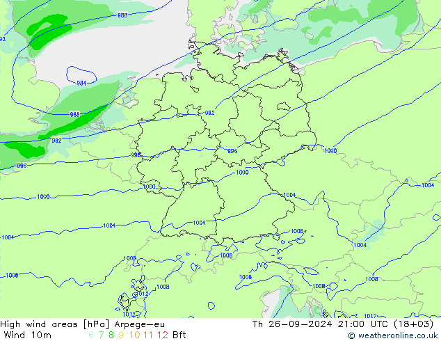 High wind areas Arpege-eu чт 26.09.2024 21 UTC