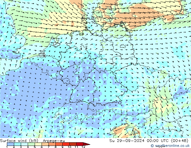 Surface wind (bft) Arpege-eu Su 29.09.2024 00 UTC