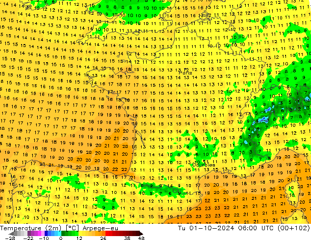 Temperature (2m) Arpege-eu Tu 01.10.2024 06 UTC