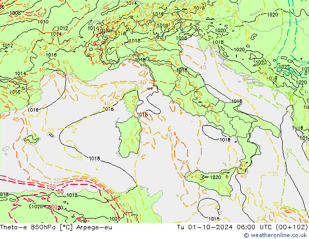 Theta-e 850hPa Arpege-eu Ter 01.10.2024 06 UTC