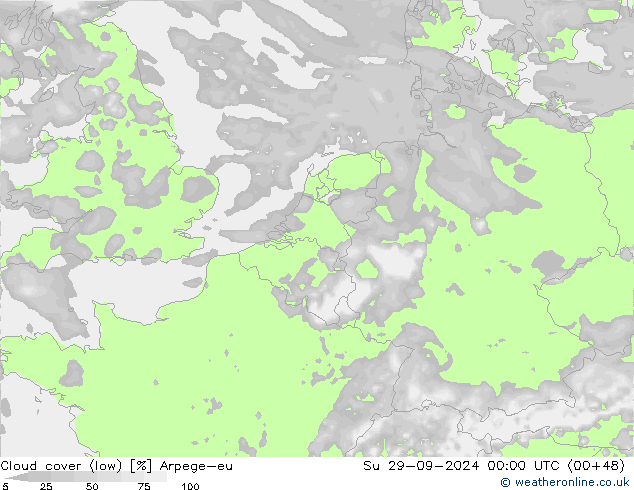 Cloud cover (low) Arpege-eu Su 29.09.2024 00 UTC