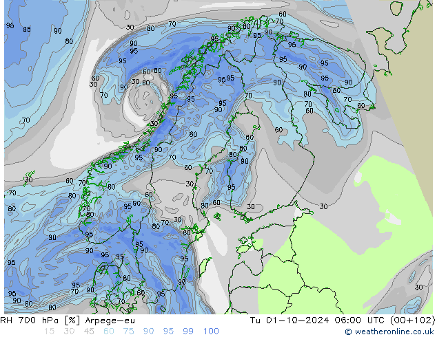 RH 700 hPa Arpege-eu Út 01.10.2024 06 UTC