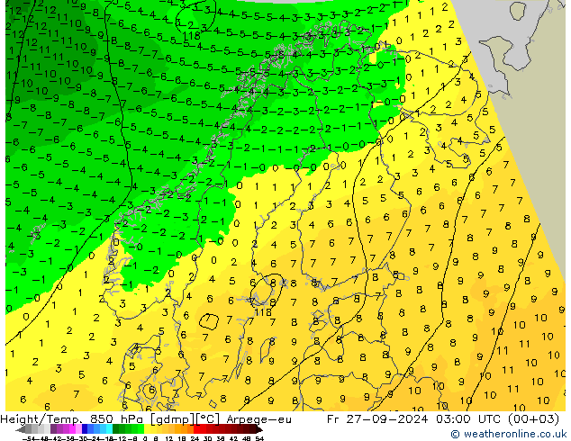 Height/Temp. 850 гПа Arpege-eu пт 27.09.2024 03 UTC