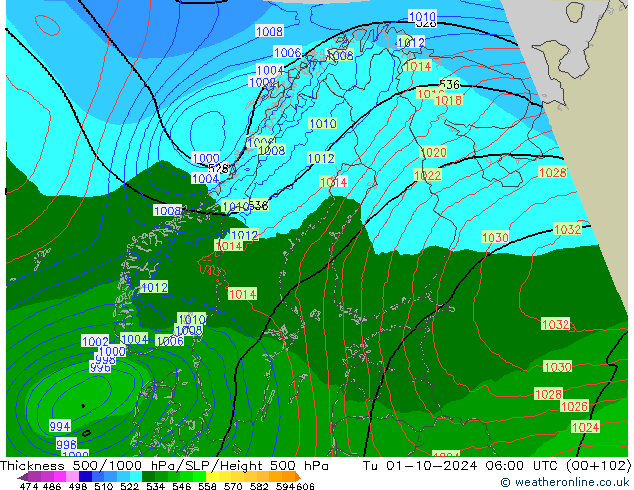 Espesor 500-1000 hPa Arpege-eu mar 01.10.2024 06 UTC