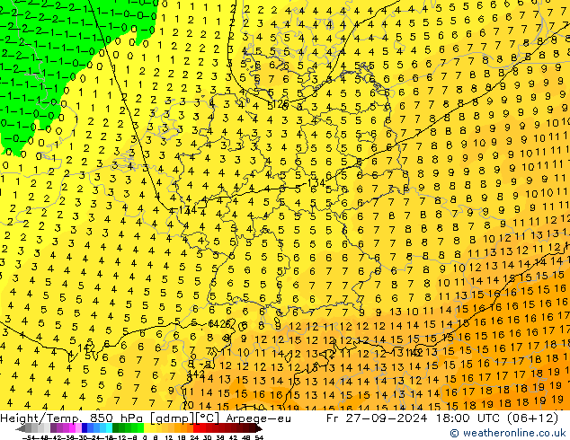 Hoogte/Temp. 850 hPa Arpege-eu vr 27.09.2024 18 UTC