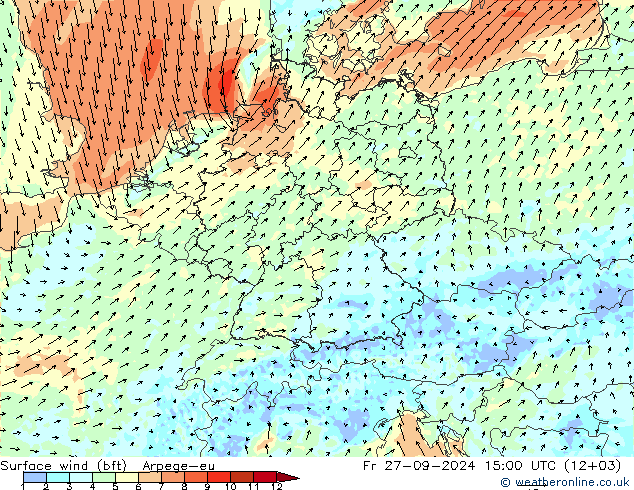 Wind 10 m (bft) Arpege-eu vr 27.09.2024 15 UTC