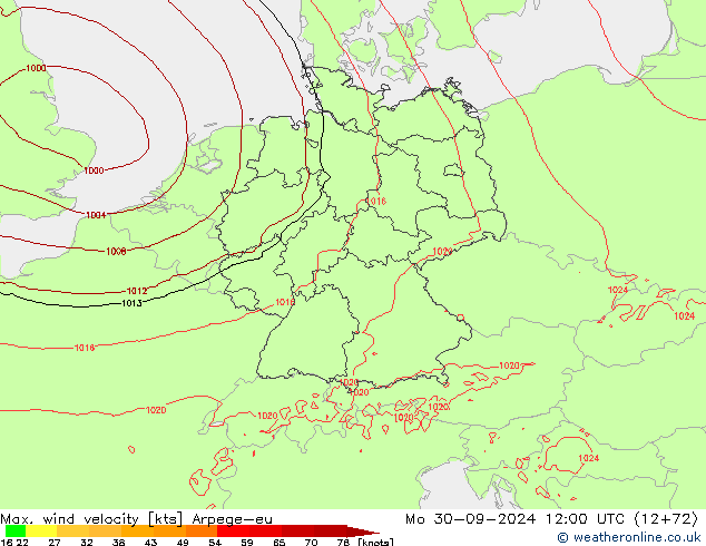 Max. wind snelheid Arpege-eu ma 30.09.2024 12 UTC