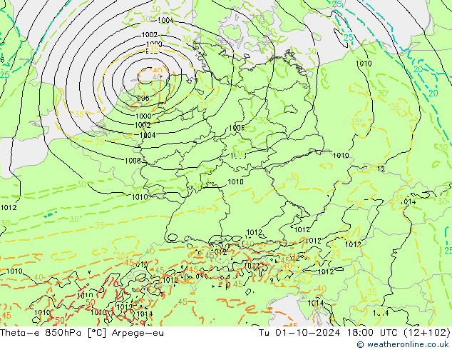 Theta-e 850hPa Arpege-eu 星期二 01.10.2024 18 UTC