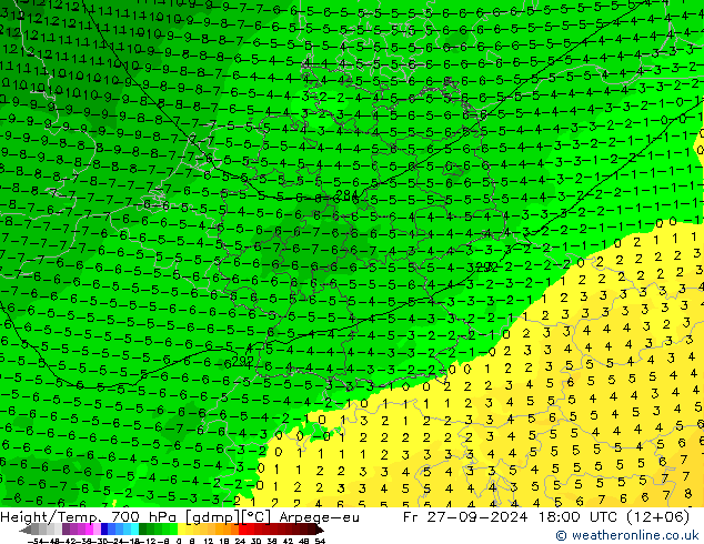 Height/Temp. 700 hPa Arpege-eu 星期五 27.09.2024 18 UTC