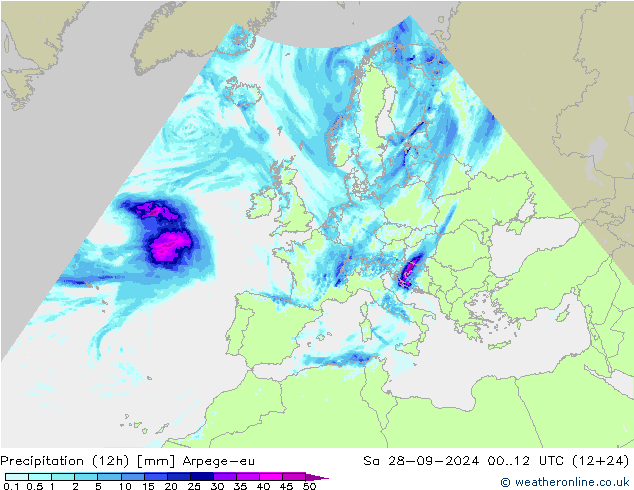 降水量 (12h) Arpege-eu 星期六 28.09.2024 12 UTC