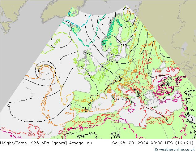 Hoogte/Temp. 925 hPa Arpege-eu za 28.09.2024 09 UTC