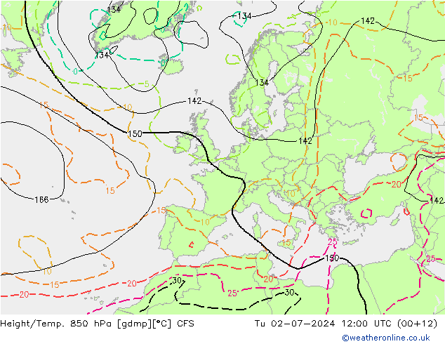 Hoogte/Temp. 850 hPa CFS di 02.07.2024 12 UTC