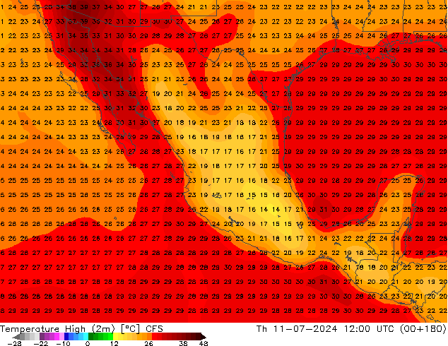 Max.temperatuur (2m) CFS do 11.07.2024 12 UTC