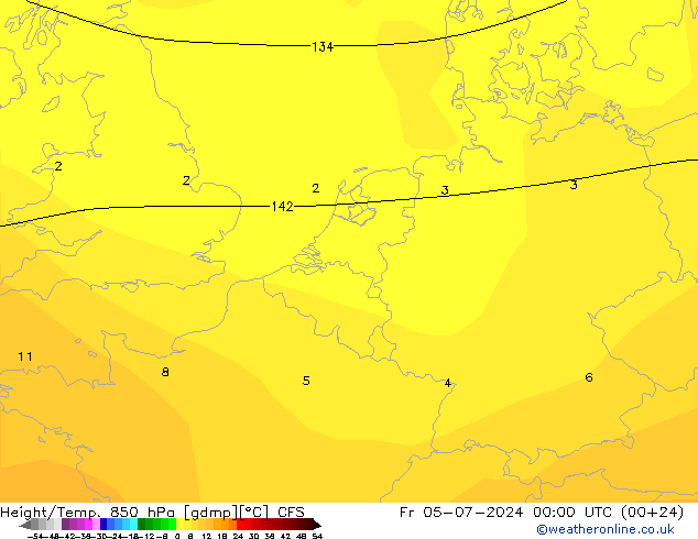 Hoogte/Temp. 850 hPa CFS vr 05.07.2024 00 UTC